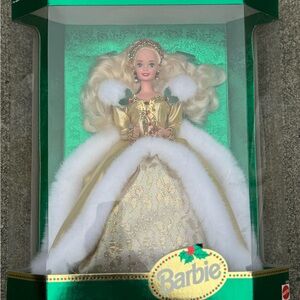 Holiday Barbie Doll in Gold and White Gown with Fur Trim